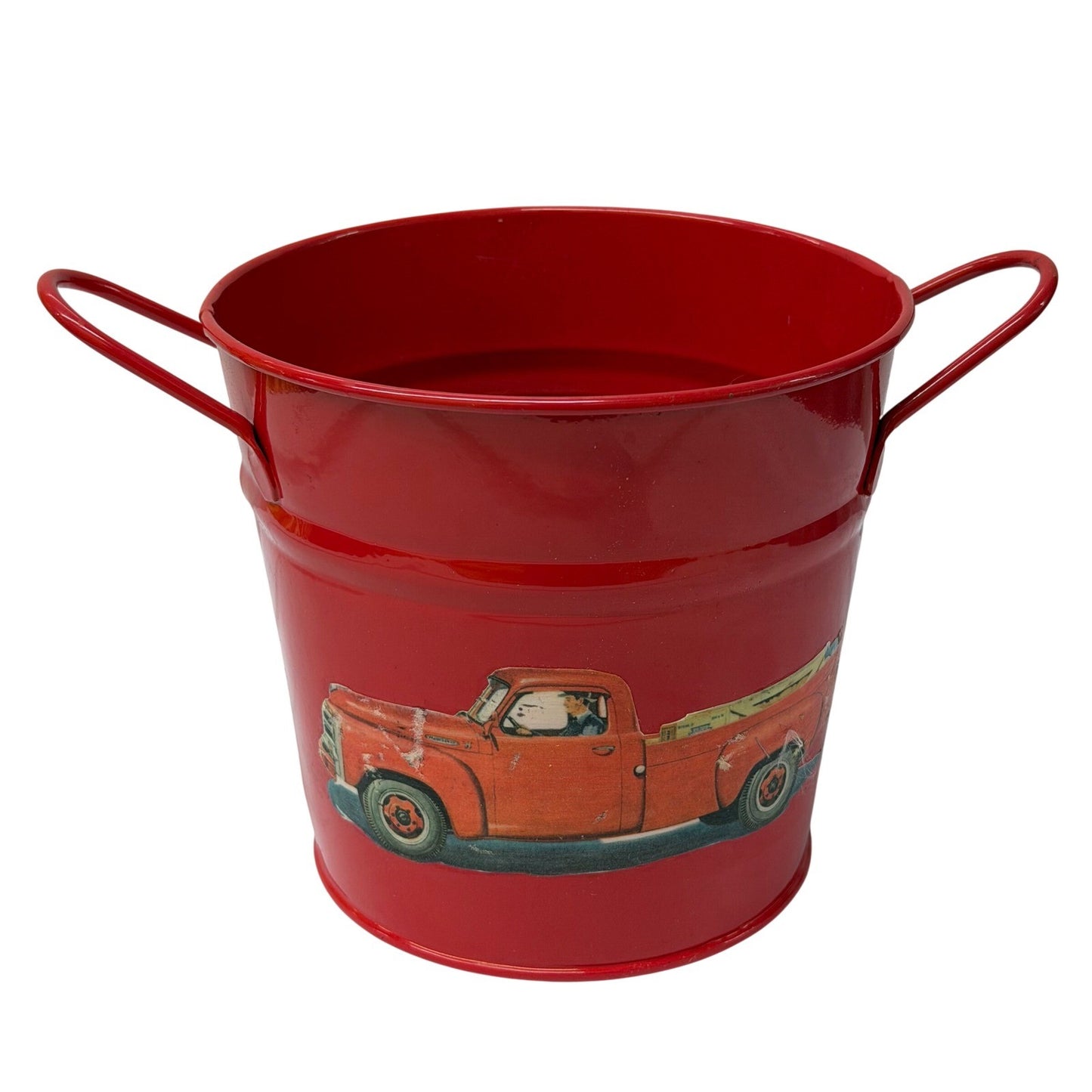 Red Metal Bucket with Vintage Pickup Truck Graphic and Handles