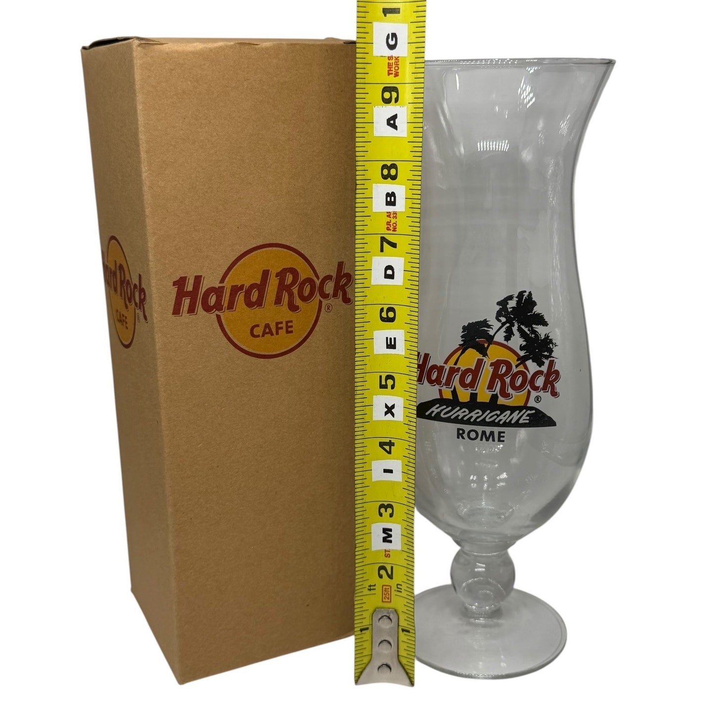 Hard Rock Cafe Rome Hurricane Glass With Box, Collectible Barware