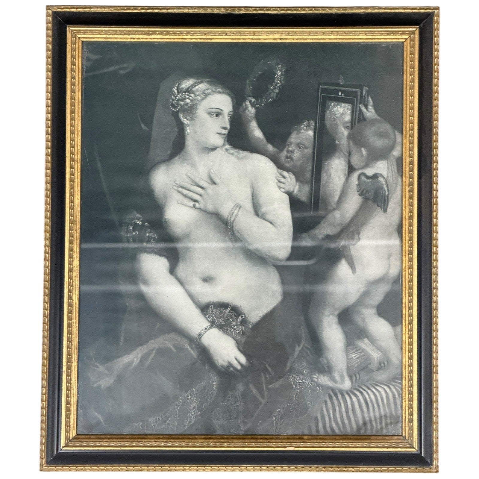 Vintage Framed Classical Art Print Woman & Cherubs Black White 13x11