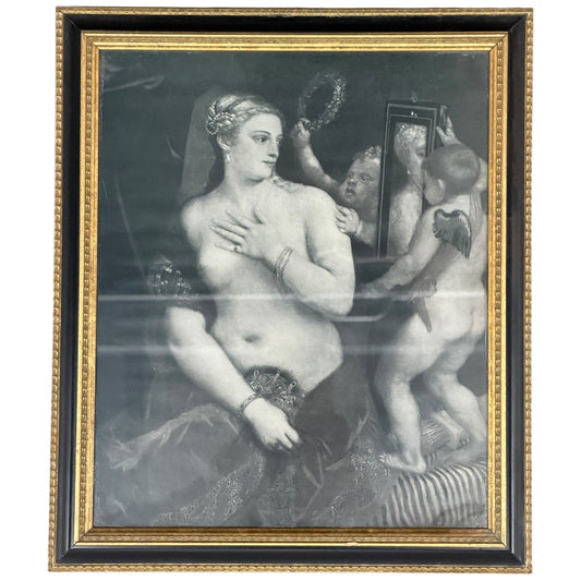 Vintage Framed Classical Art Print Woman & Cherubs Black White 13x11