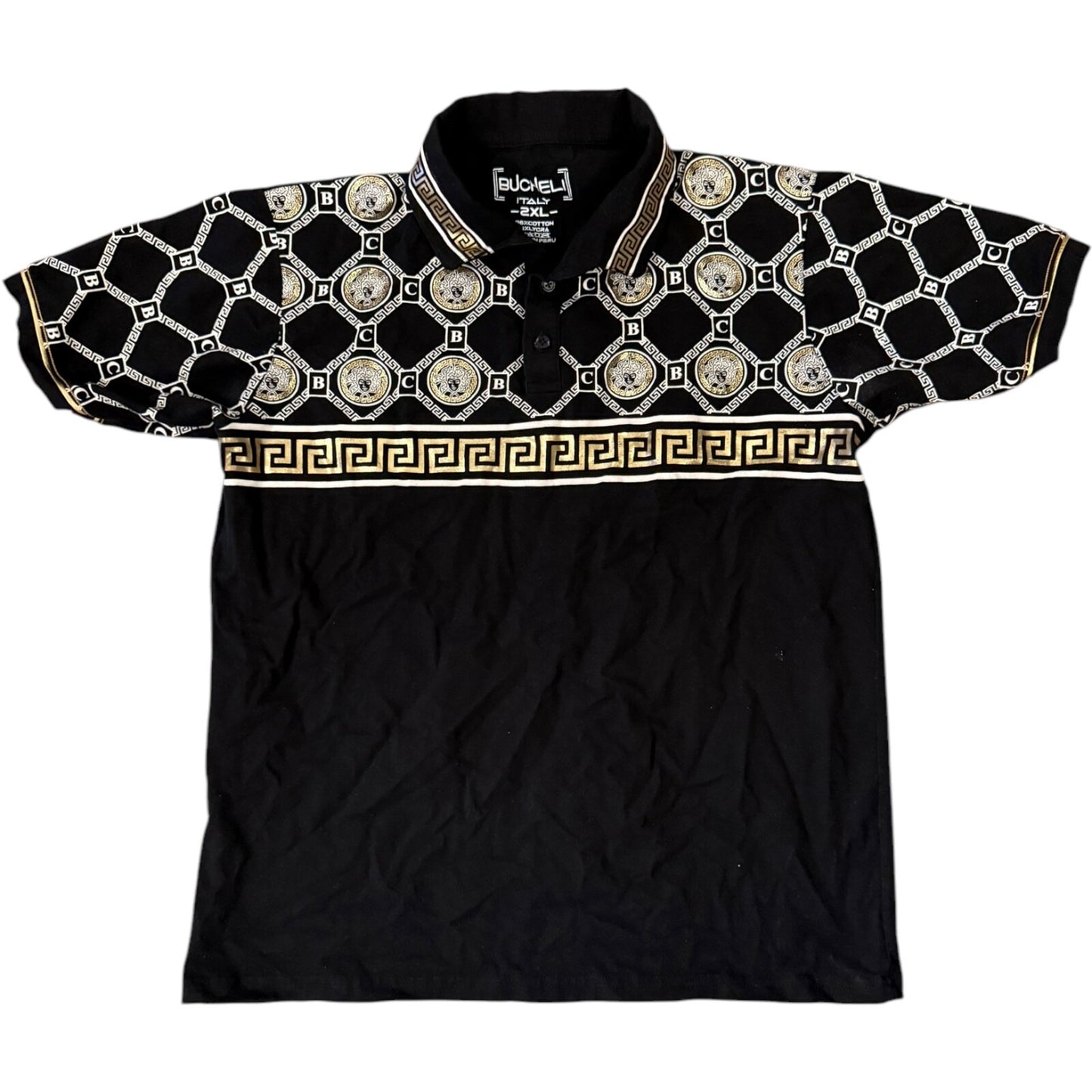 Polo Shirt Mens 2XL - Italian Black/Gold/White Bucheli Stripe Logo Slim Fit