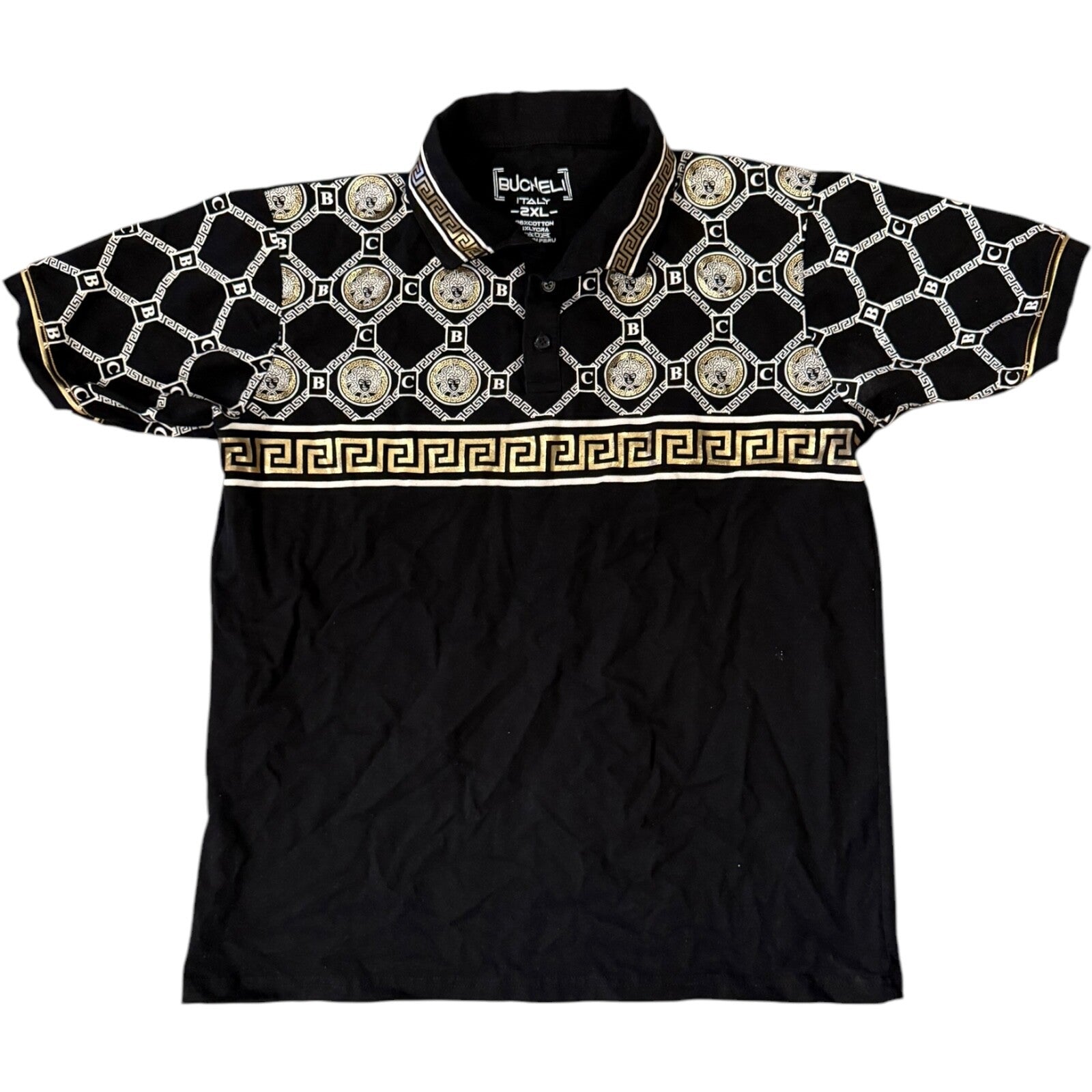 Polo Shirt Mens 2XL - Italian Black/Gold/White Bucheli Stripe Logo Slim Fit