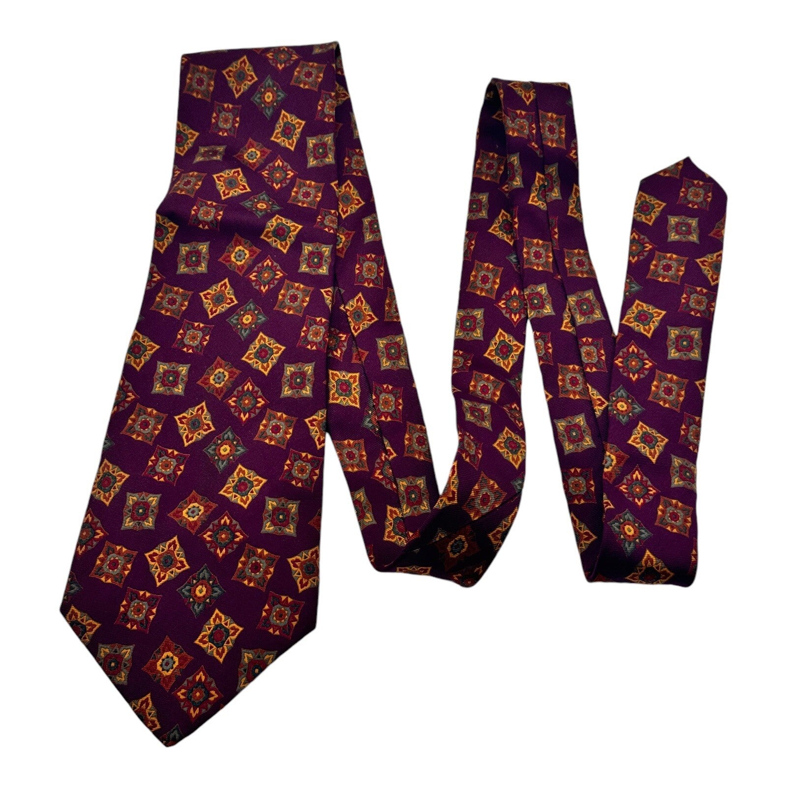 Paul Stuart Silk Tie 4" x 57" Maroon Gold Pattern Made in Italy