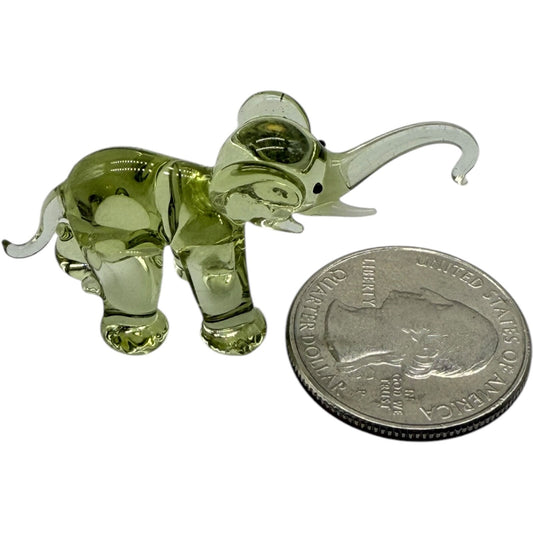 Hand Blown Glass Miniature Elephant Figurine - Lemon Yellow Trunk Up Collectible
