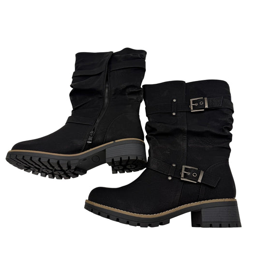 GlobalWin Womens Black Slouchy Mid Calf Boots Buckle Straps 21YY08-1 Size 10 NEW