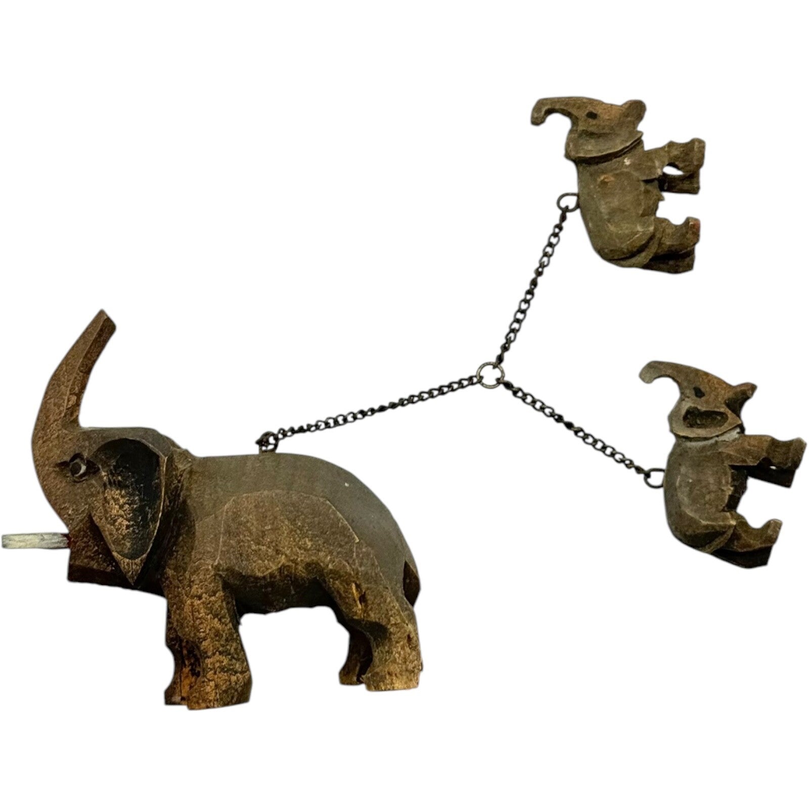 Vintage 1950s German Hand-Carved Wooden Elephant Toy Set with 2 Baby Elephants