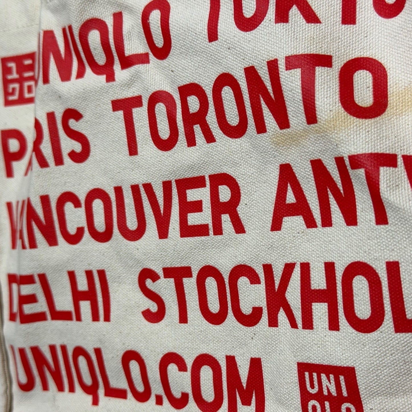 Uniqlo Canvas Tote Bag White Red City Names Graphic Print Top Handle