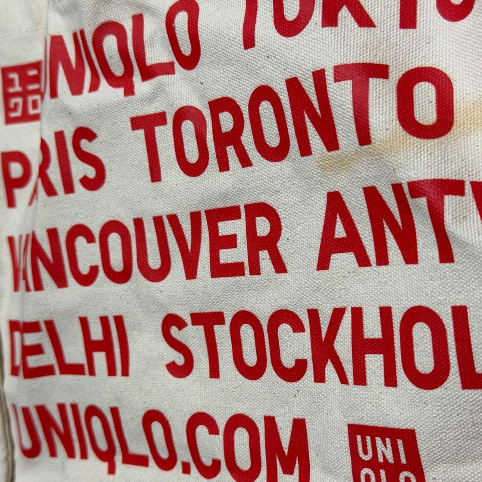 Uniqlo Canvas Tote Bag White Red City Names Graphic Print Top Handle
