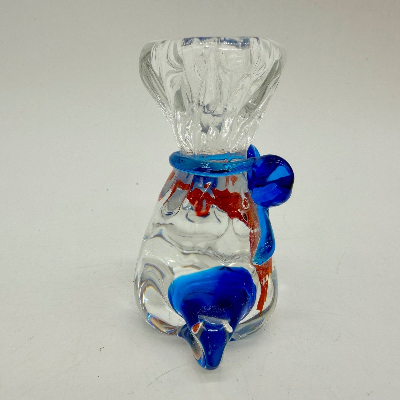 Art Glass Goldfish in a Bag Paperweight Blue Bow Murano Style Figurine