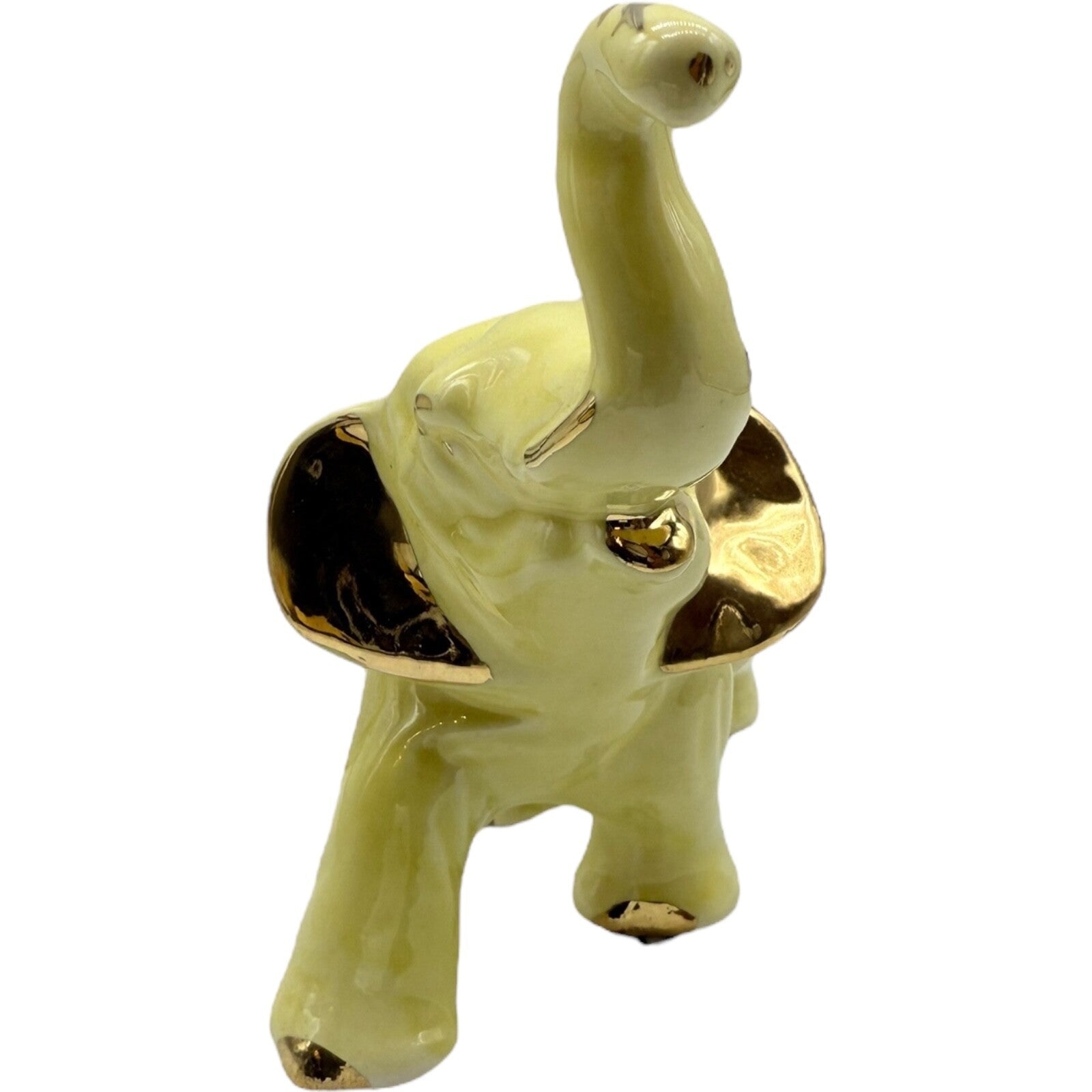 Vintage Ceramic Elephant Figurine Trunk Up | Yellow with Golden Trim | Good Luck