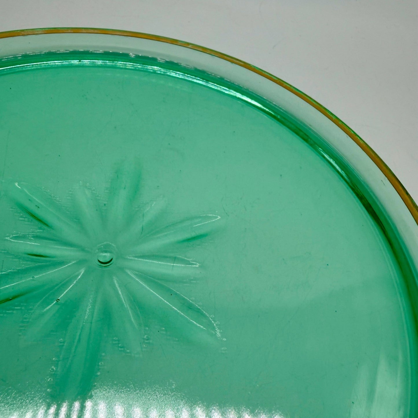 Vintage Green Uranium Glass Tray Starburst Pattern Gold Rim UV Reactive