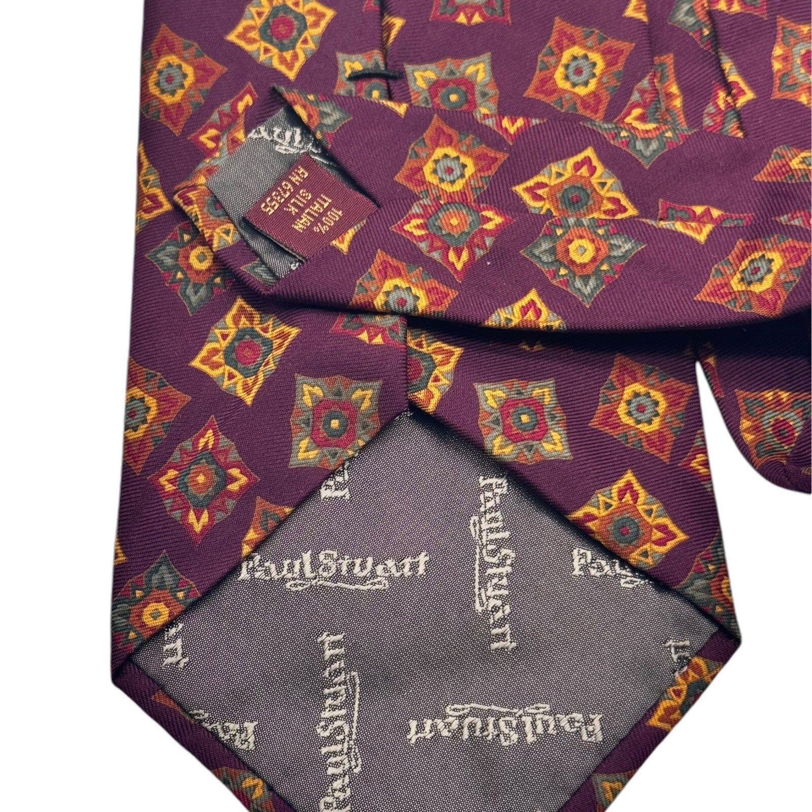 Paul Stuart Silk Tie 4" x 57" Maroon Gold Pattern Made in Italy