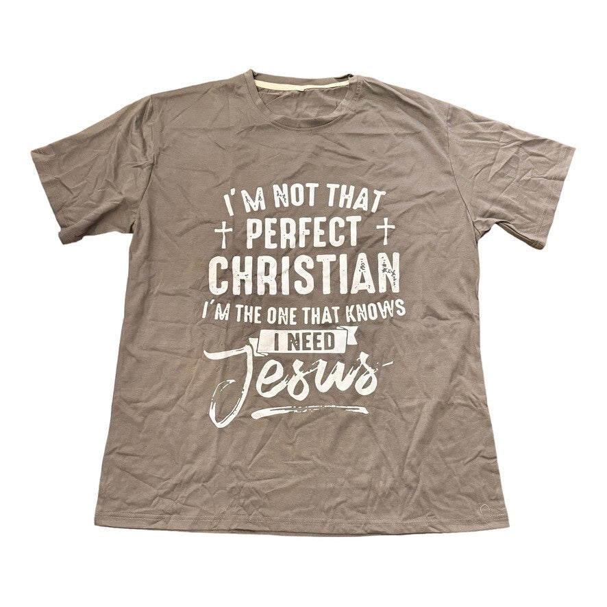 Mens Christian Graphic T-Shirt Brown XXL I Need Jesus Message Grey Short Sleeve