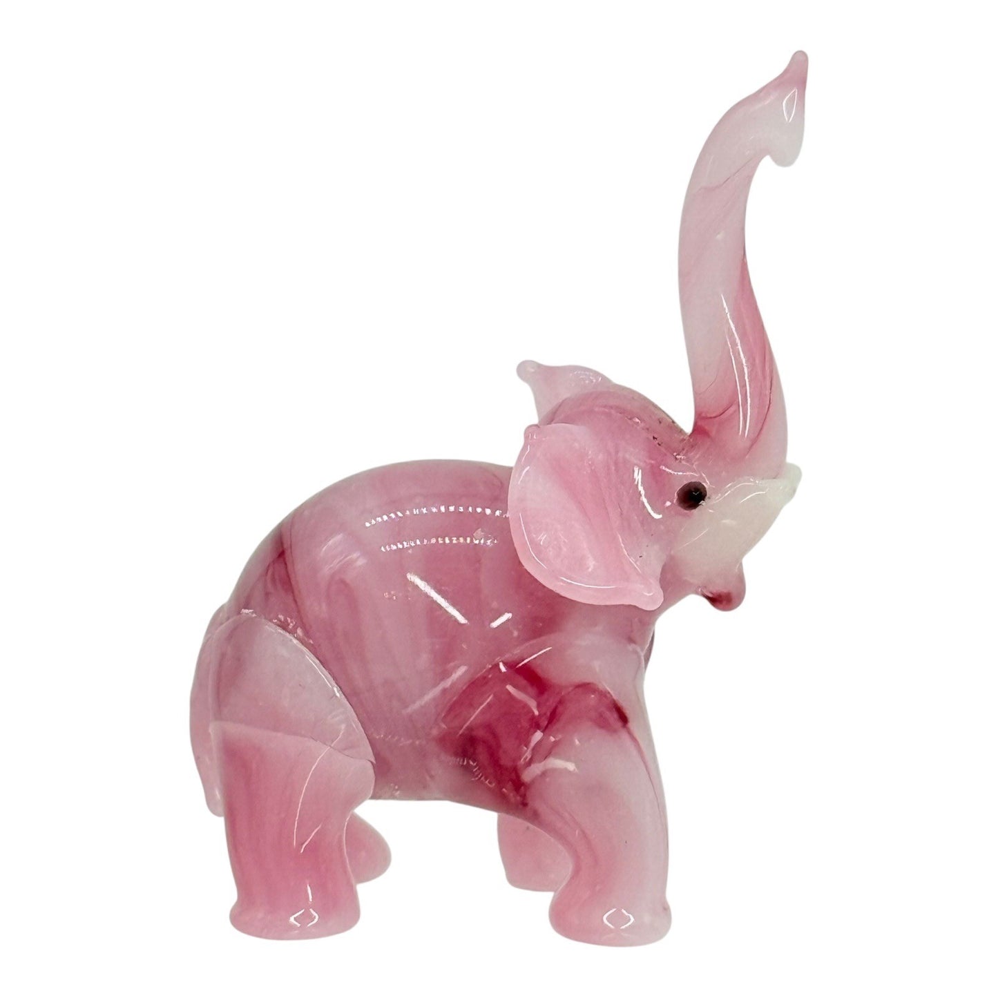 Art Glass Elephant Figurine Pink Swirl Trunk Up Good Luck Charm Decor