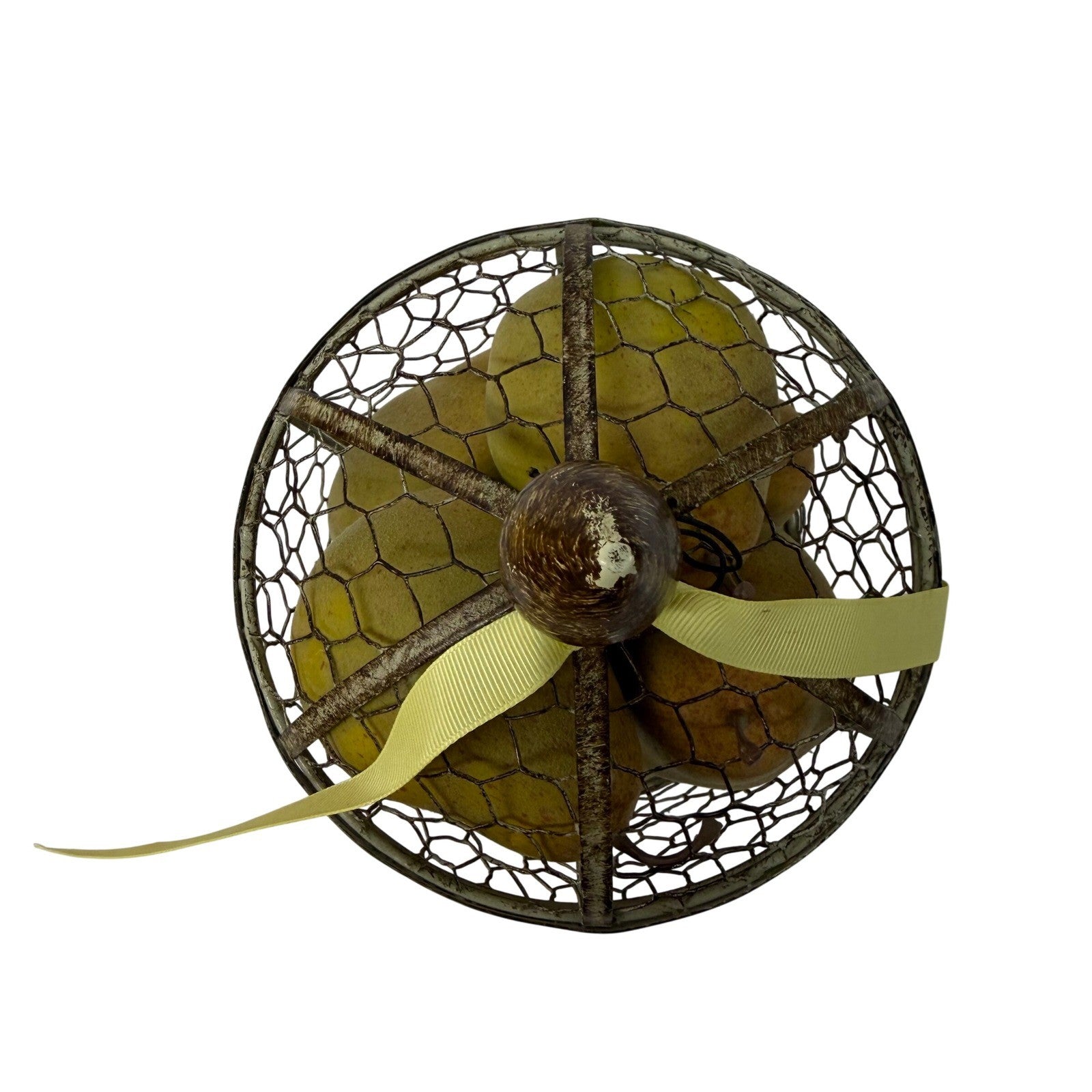 Rustic Wire Birdcage Basket with Faux Yellow Pears Farmhouse Decor Centerpiece