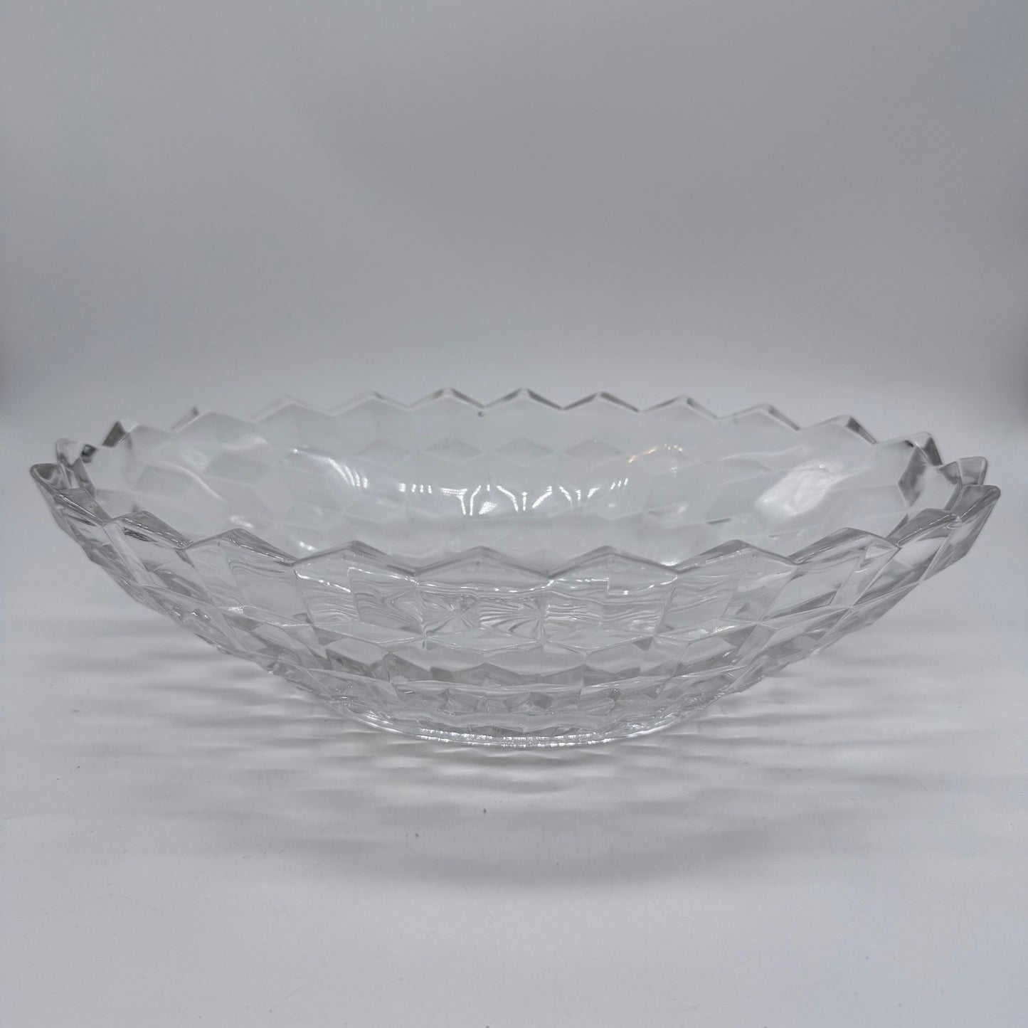 Vintage Cut Glass Serving Bowl Diamond Pattern Scalloped Rim 11 Inch