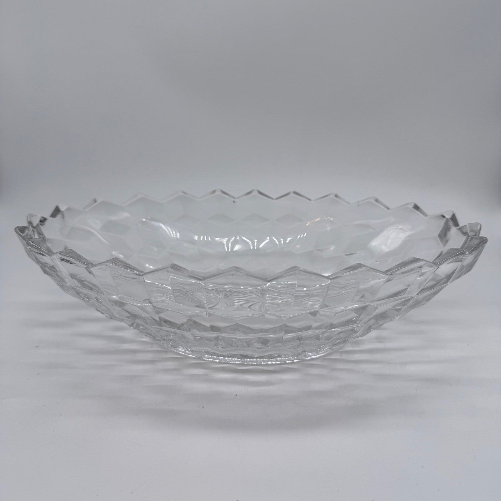 Vintage Cut Glass Serving Bowl Diamond Pattern Scalloped Rim 11 Inch