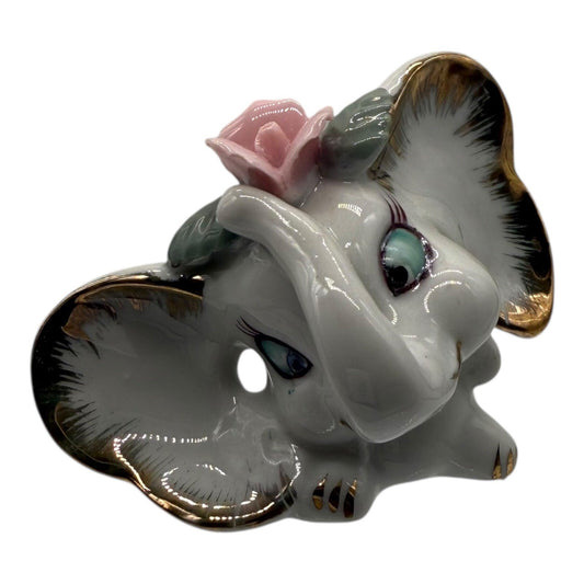 Elephant Figurine Ceramic Flower Decor Gold Trim Accent Pepper Shaker Vintage