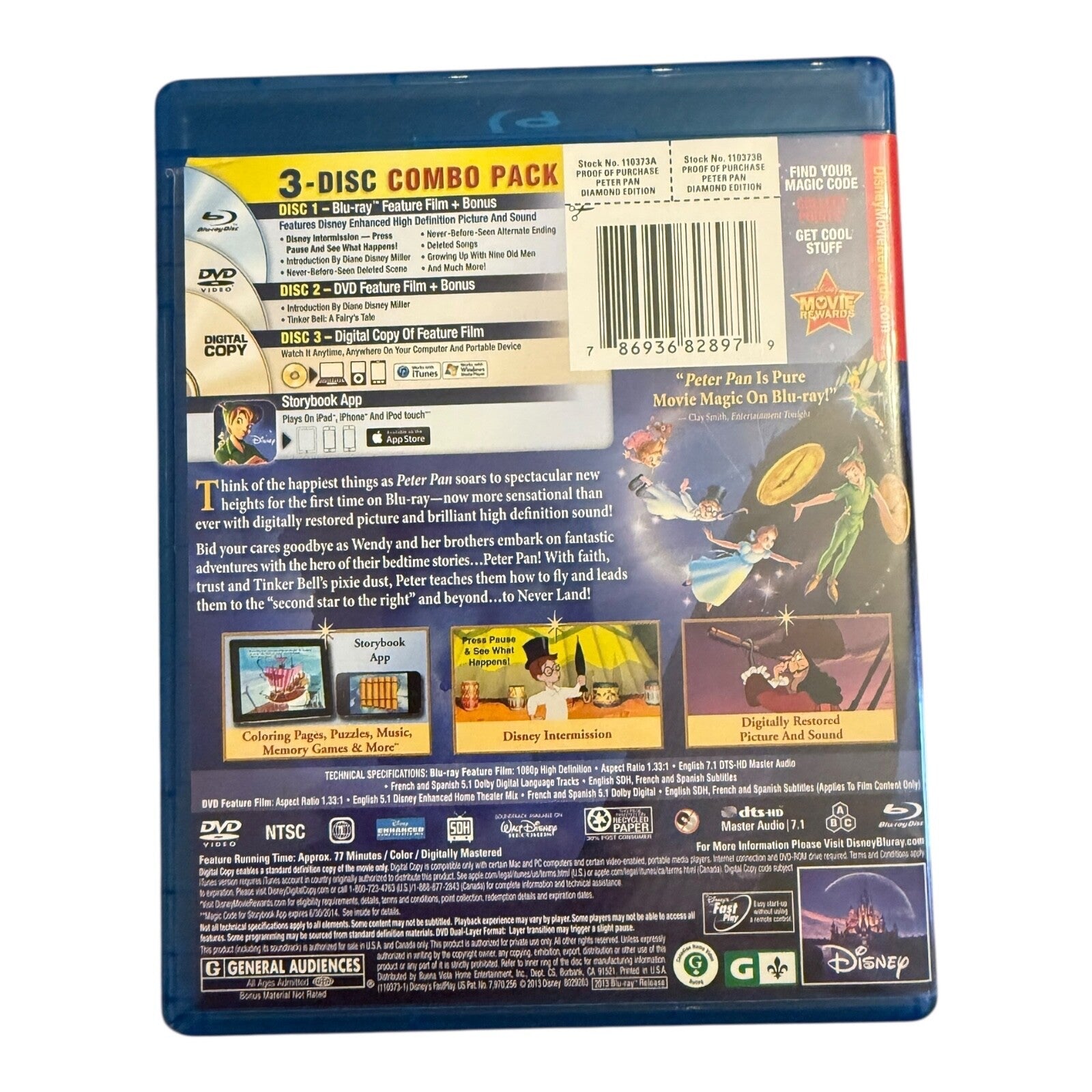 Peter Pan Diamond Edition Blu-ray DVD Digital Copy 3-Disc Set w/ Slipcover