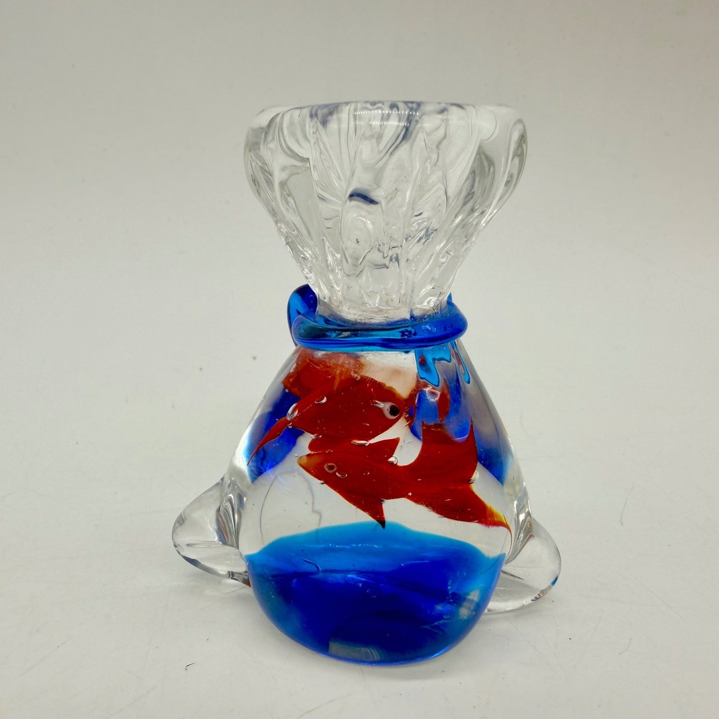 Art Glass Goldfish in a Bag Paperweight Blue Bow Murano Style Figurine