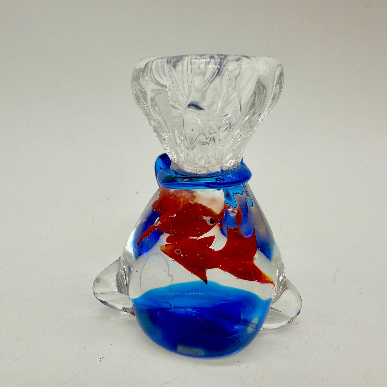 Art Glass Goldfish in a Bag Paperweight Blue Bow Murano Style Figurine