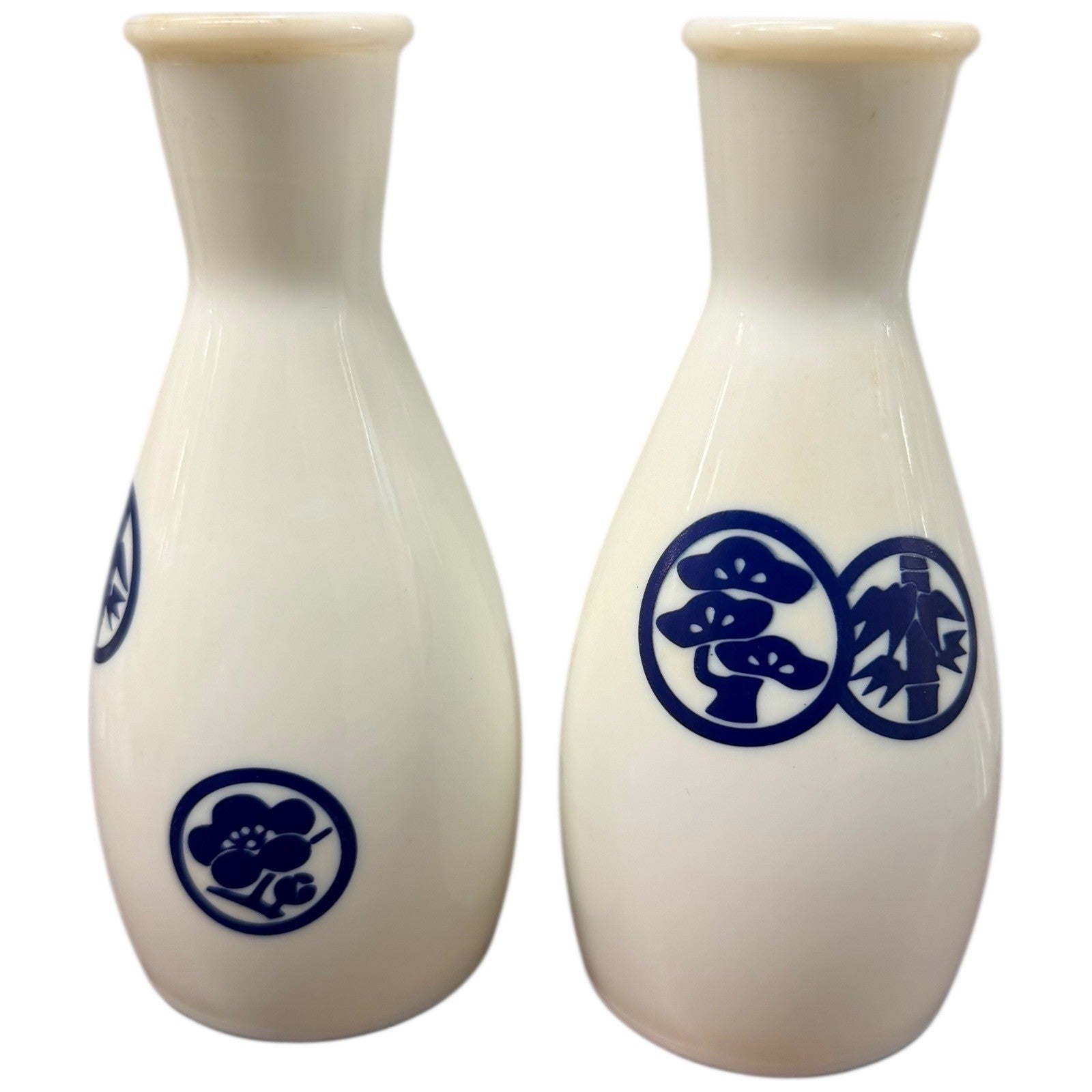 Sho Chiku Bai Sake Bottle Ceramic White Blue Pine Bamboo Plum Design