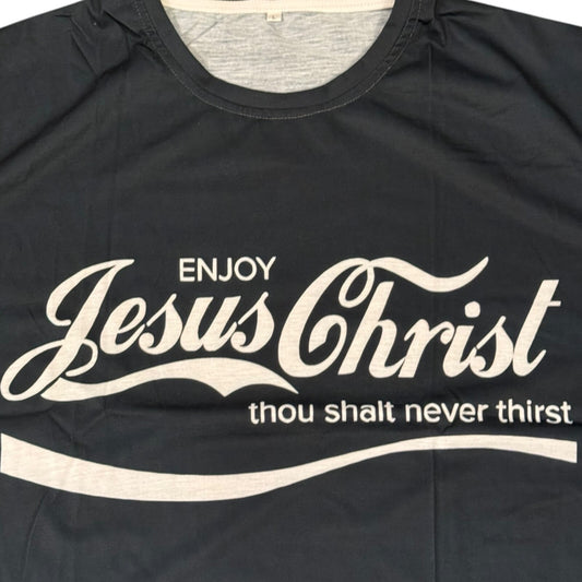 Enjoy Jesus Christ Graphic T-Shirt Adult Large Thou Shalt Never Thirst Navy Blue
