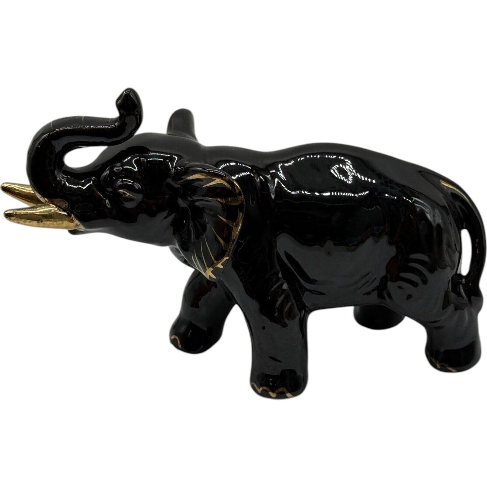 Black Elephant Figurine Gold Accents Ceramic Animal Statue Home Decor