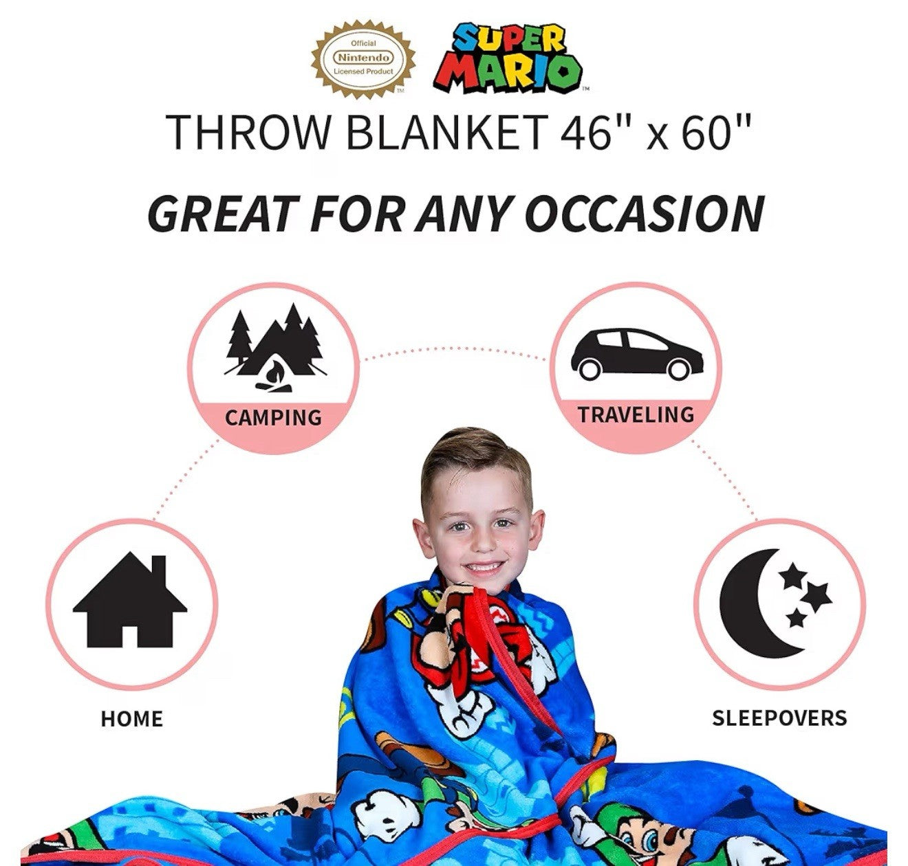 Super Mario Brothers Luigi Kids Throw Blanket Plush 46x60 Official Nintendo