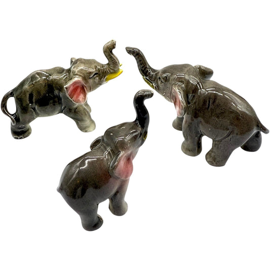 Vintage Ceramic Elephants Family Figurine - 2 Adults & 1 Baby - Trunks Up