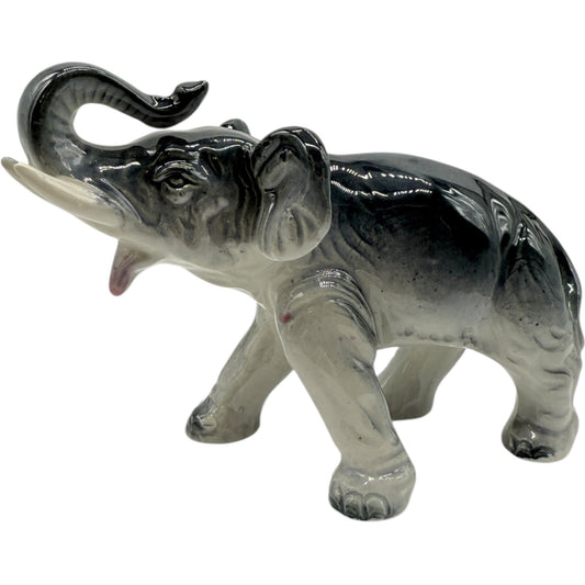 Vintage Japanese Dark Grey Porcelain Elephant Figurine - Trunk Up - Collectible