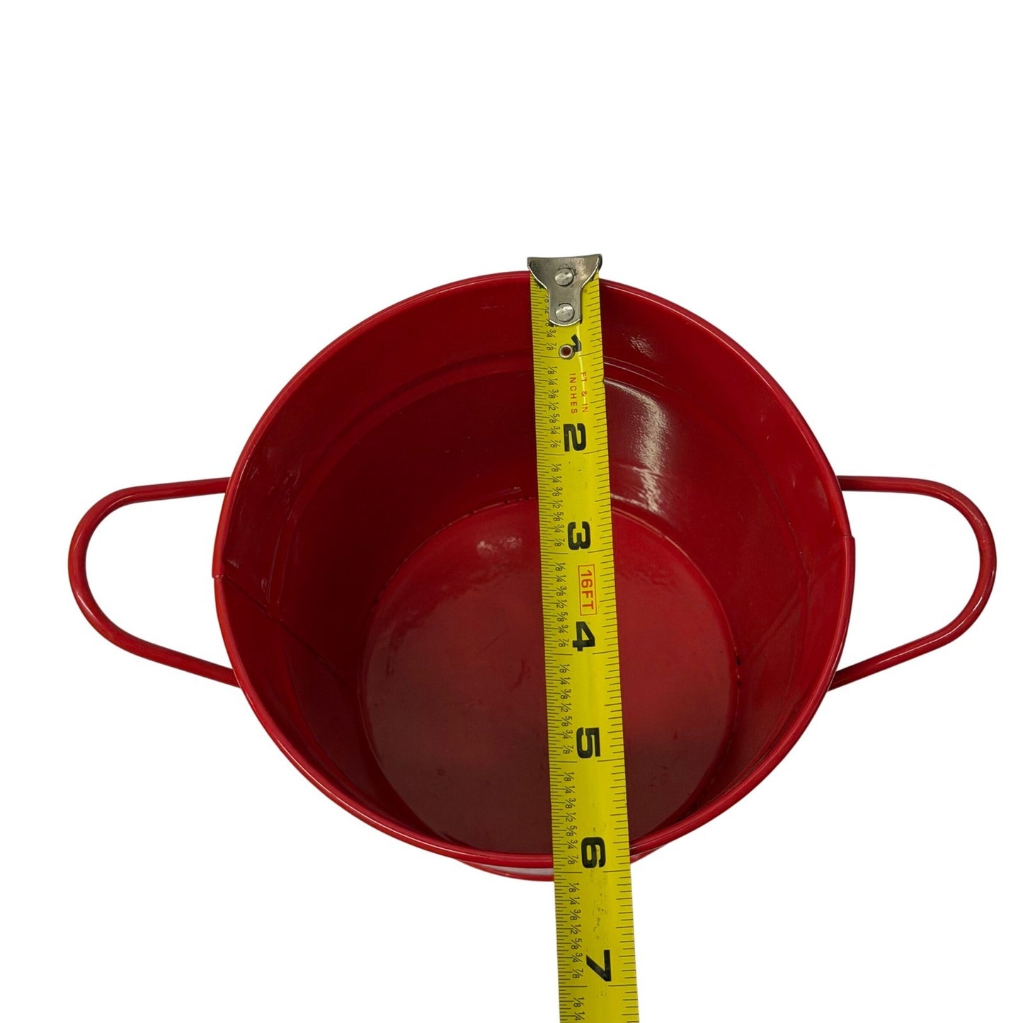 Red Metal Bucket with Vintage Pickup Truck Graphic and Handles