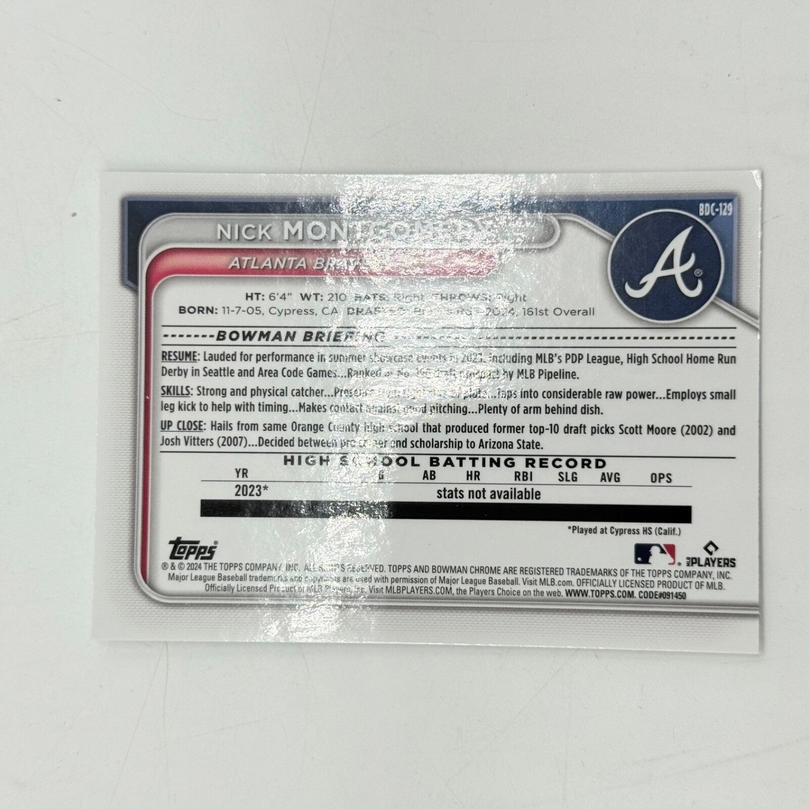 2024 Bowman Draft Baseball Chrome BD-129 Nick Montgomery Atlanta Braves Lot 27