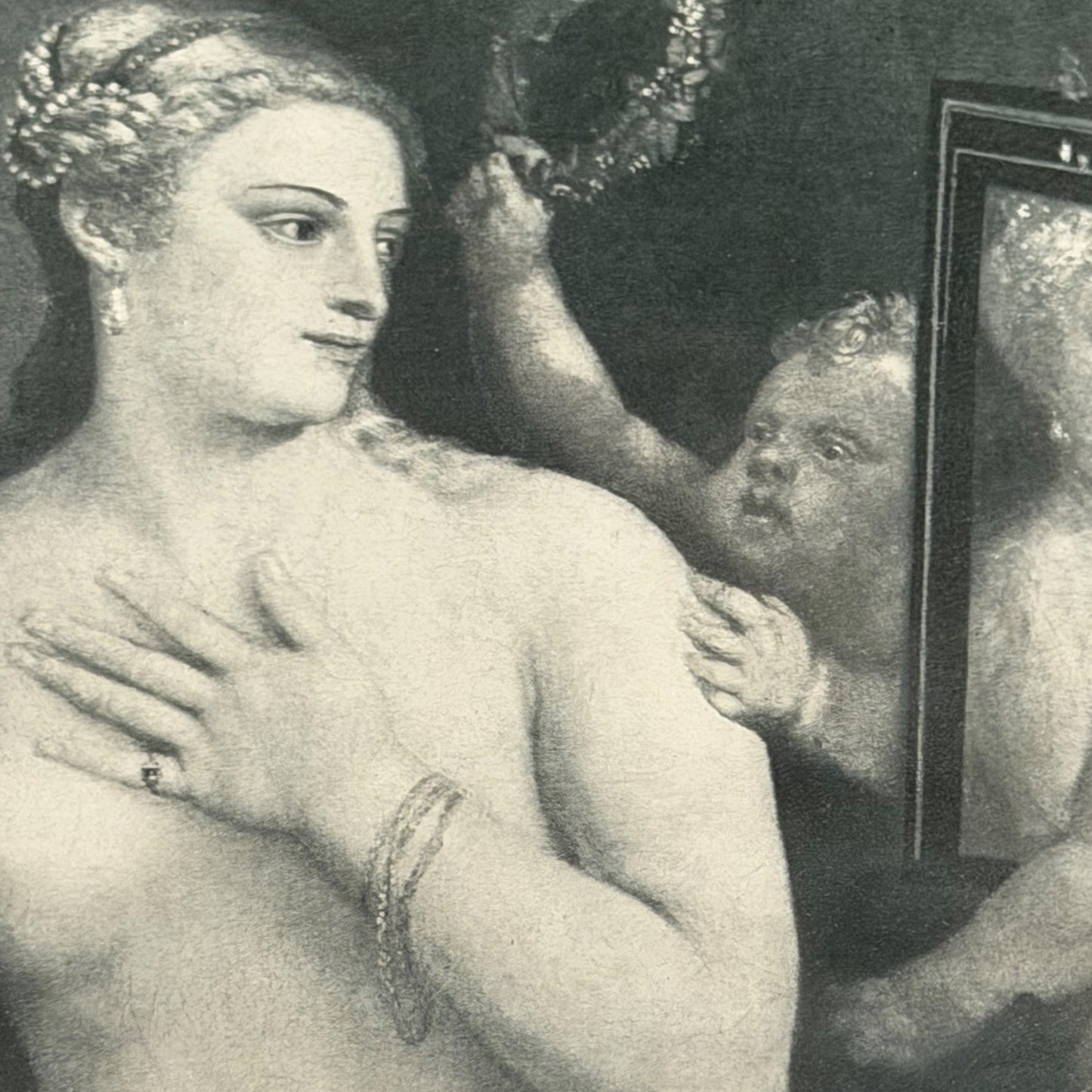 Vintage Framed Classical Art Print Woman & Cherubs Black White 13x11