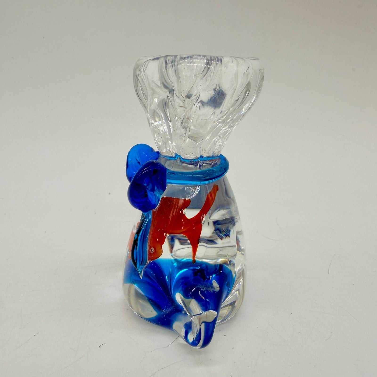 Art Glass Goldfish in a Bag Paperweight Blue Bow Murano Style Figurine