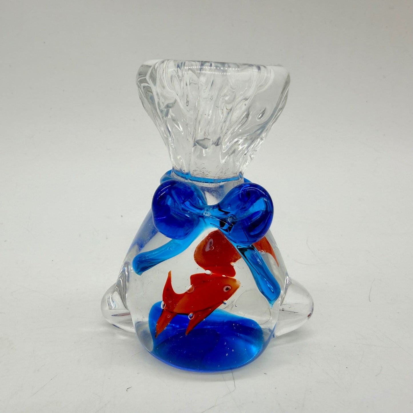 Art Glass Goldfish in a Bag Paperweight Blue Bow Murano Style Figurine