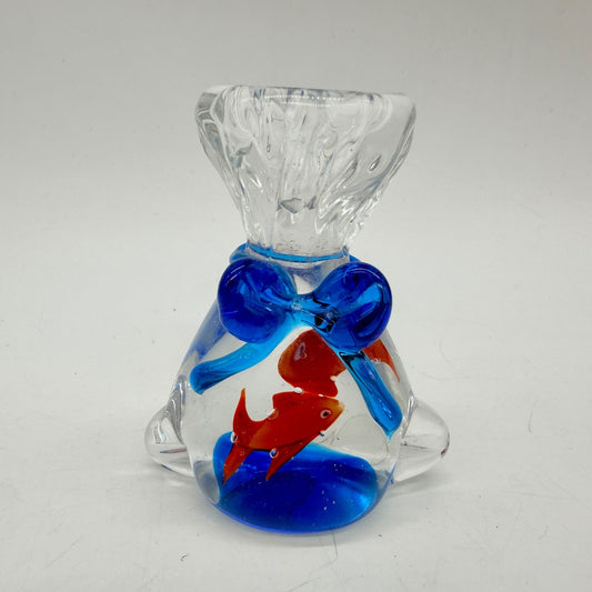 Art Glass Goldfish in a Bag Paperweight Blue Bow Murano Style Figurine