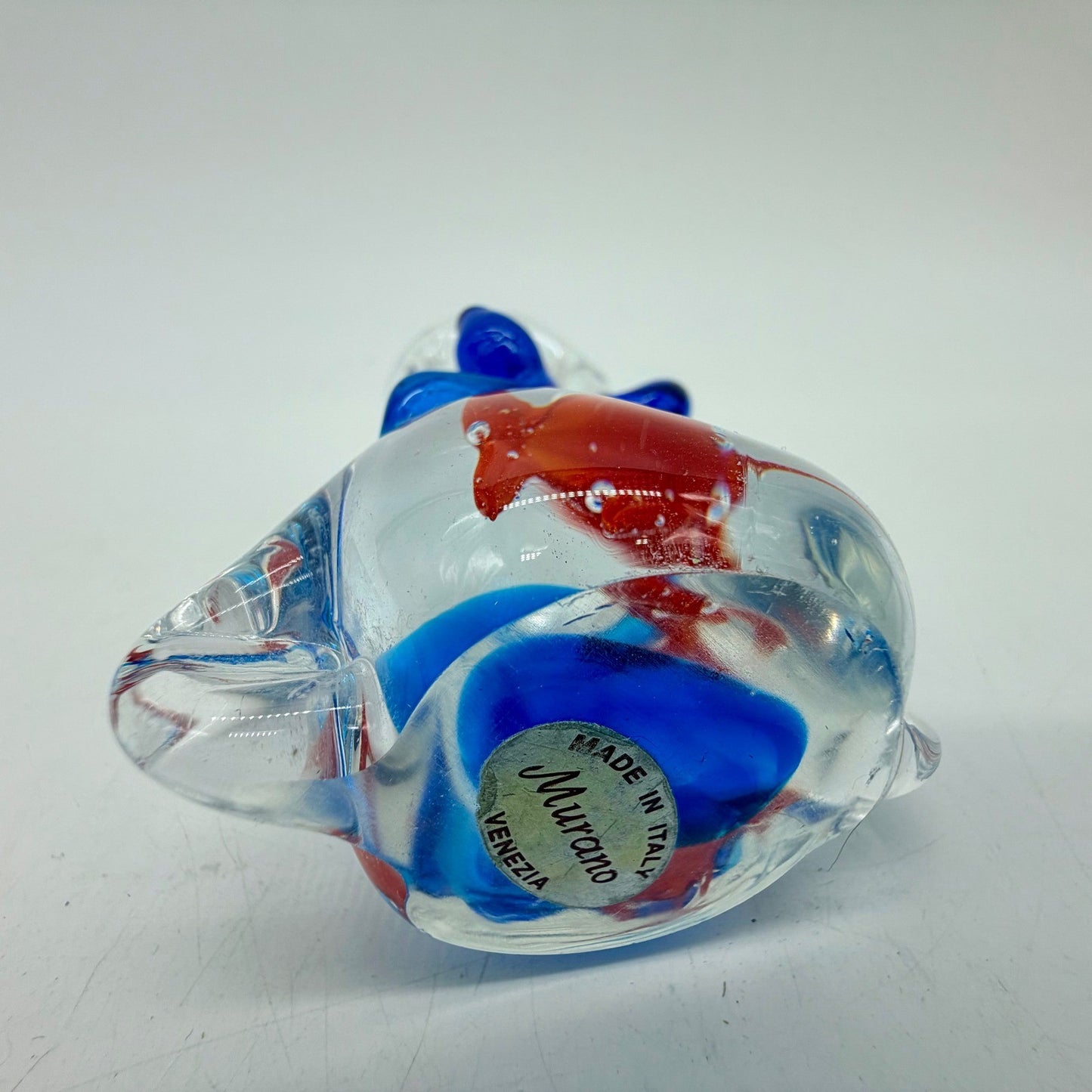Art Glass Goldfish in a Bag Paperweight Blue Bow Murano Style Figurine