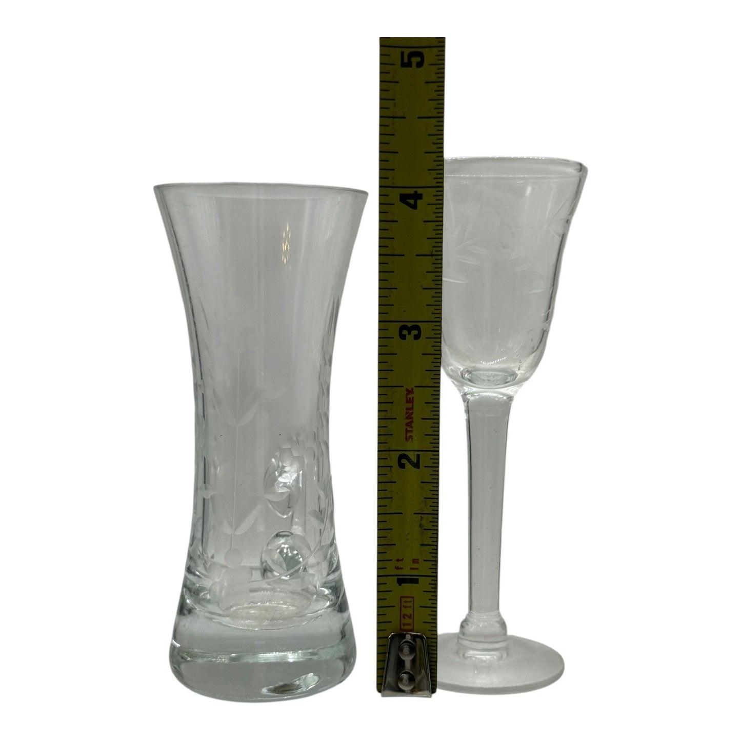Etched Glass Vase & Wine Glass Set Floral Design Bud Vase Stemware