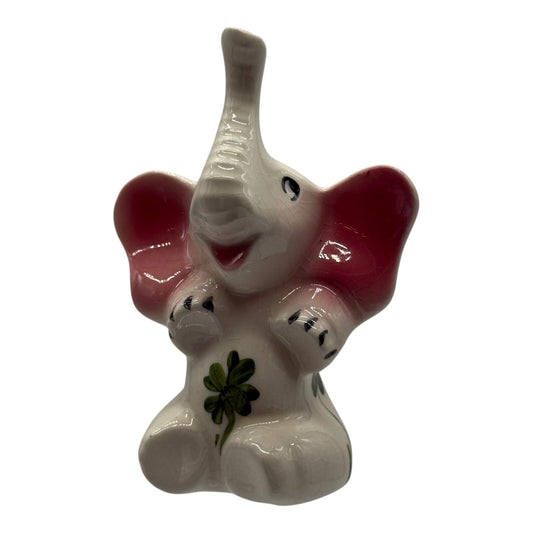 Elephant Figurine Lucky Shamrock Trunk Up Ceramic Good Luck Decor Vintage Cute