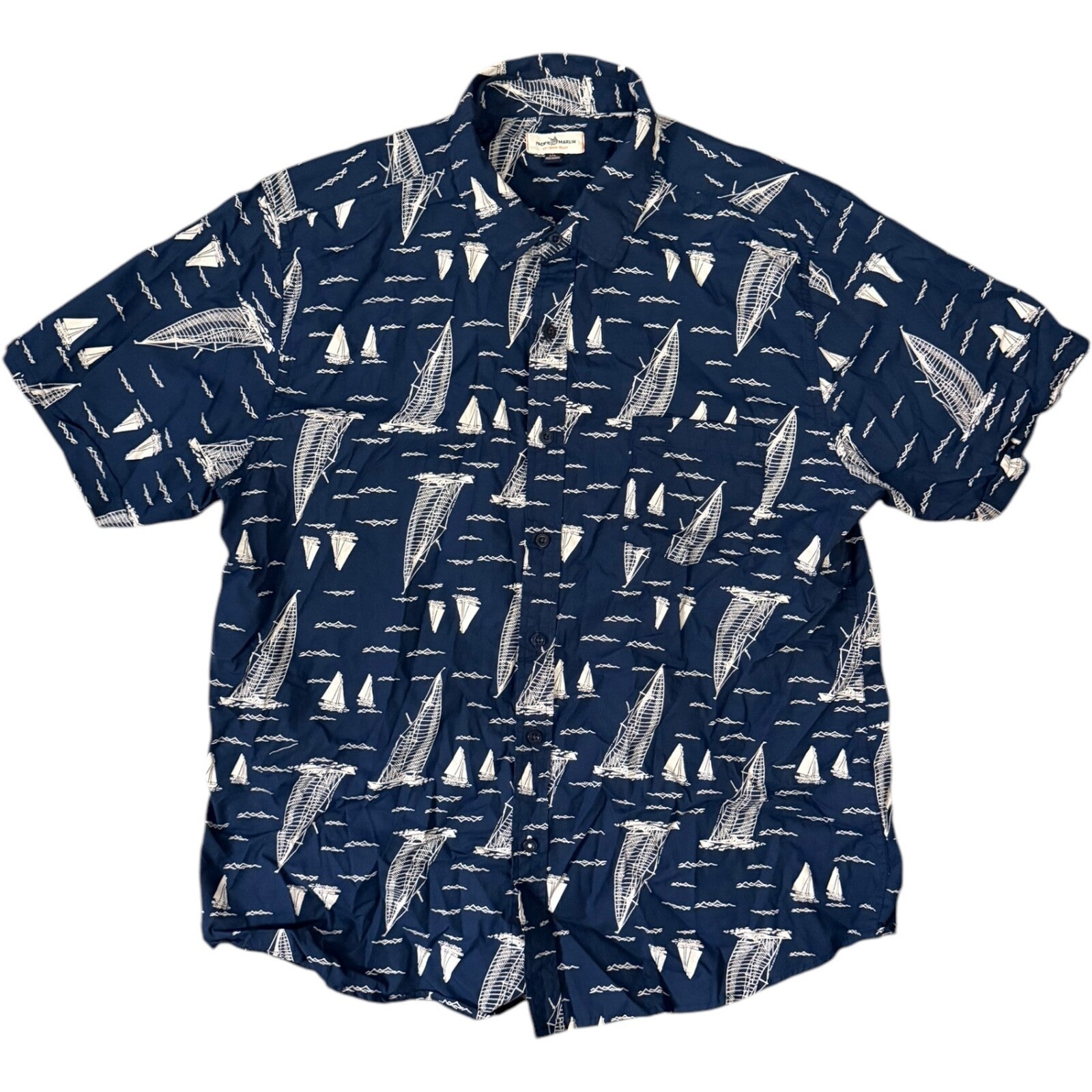 Hawaiian Shirt Men's XL Blue Short Sleeve Sailing Boats Button-Up