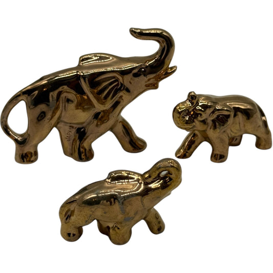 Vintage Gold Ceramic Elephant Family Figurines 3 Pc Set Display Japan