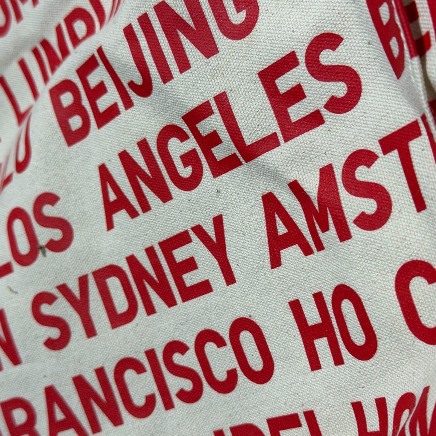 Uniqlo Canvas Tote Bag White Red City Names Graphic Print Top Handle