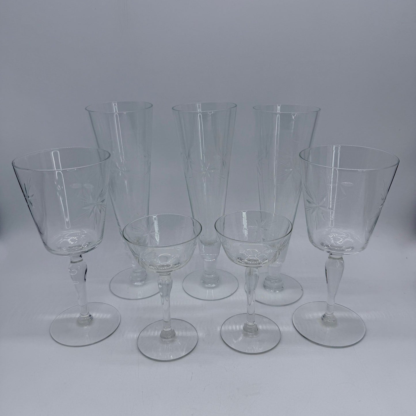 Vintage Etched Starburst Glass Stemware Set 7pc Flutes Wine Goblets Coupes MCM