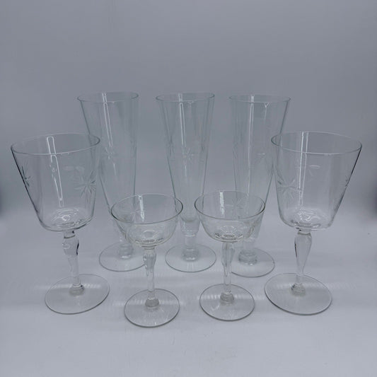 Vintage Etched Starburst Glass Stemware Set 7pc Flutes Wine Goblets Coupes MCM