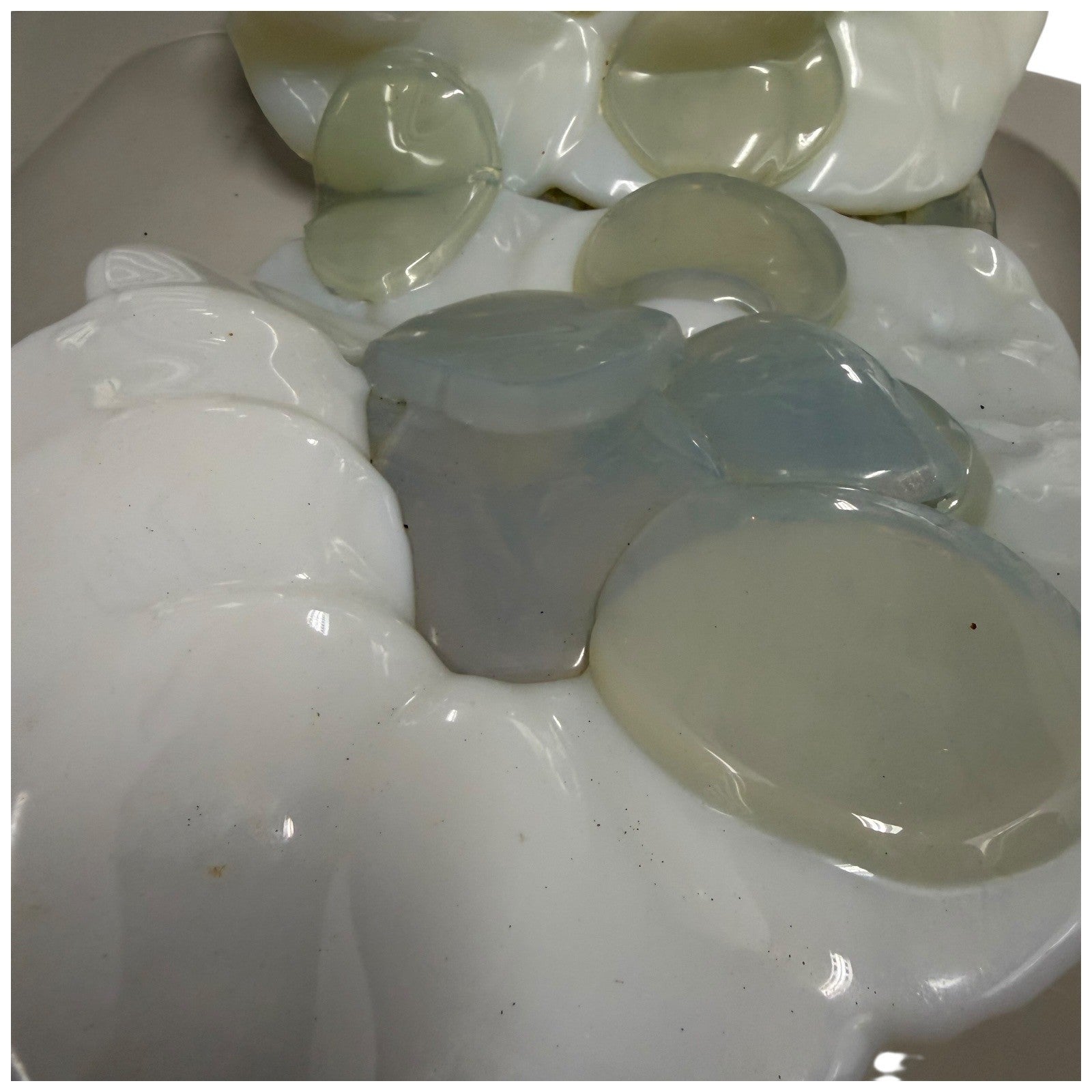 Vintage Abstract Art Glass Sculpture White Opaline Green Accent Cubist Base 1970