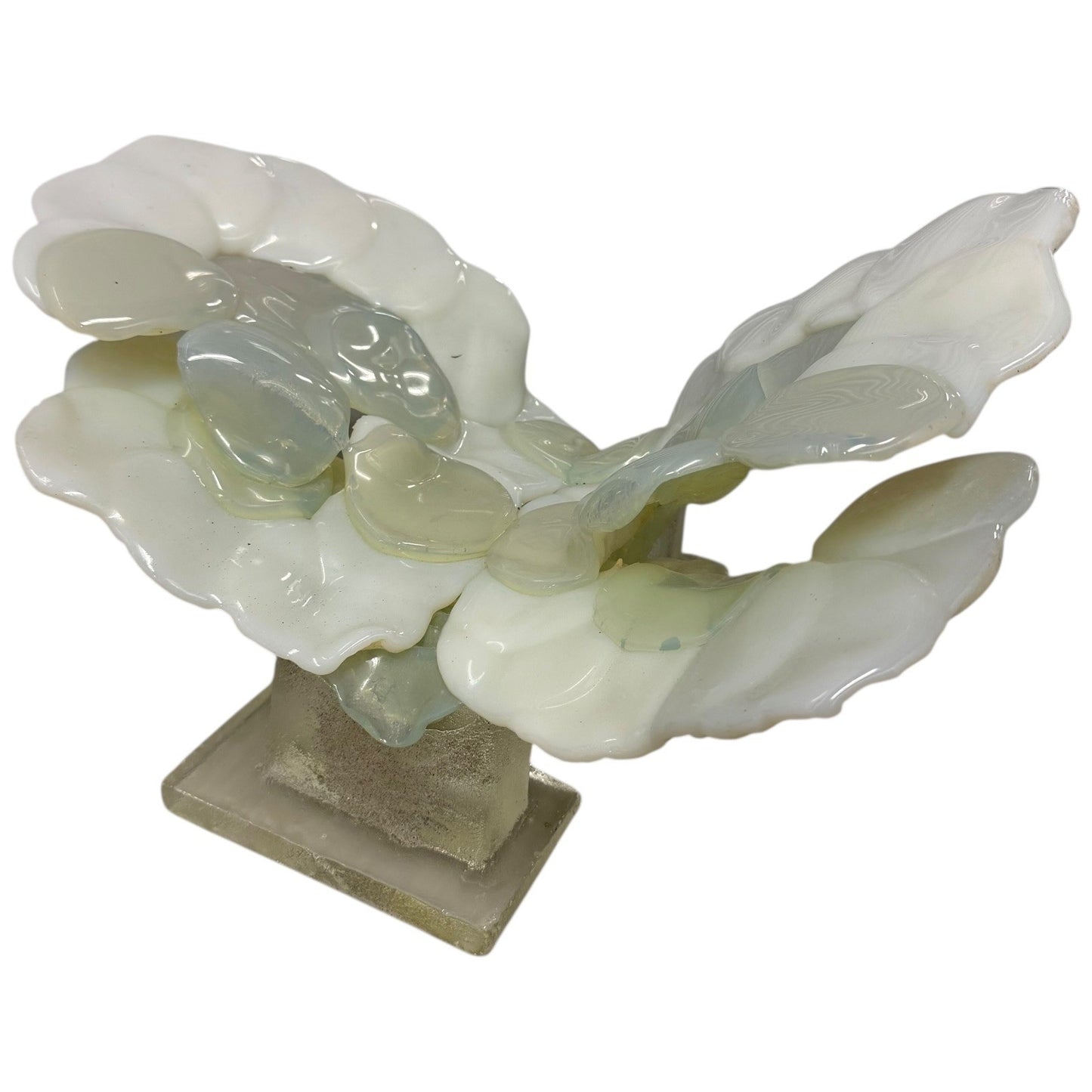 Vintage Abstract Art Glass Sculpture White Opaline Green Accent Cubist Base 1970