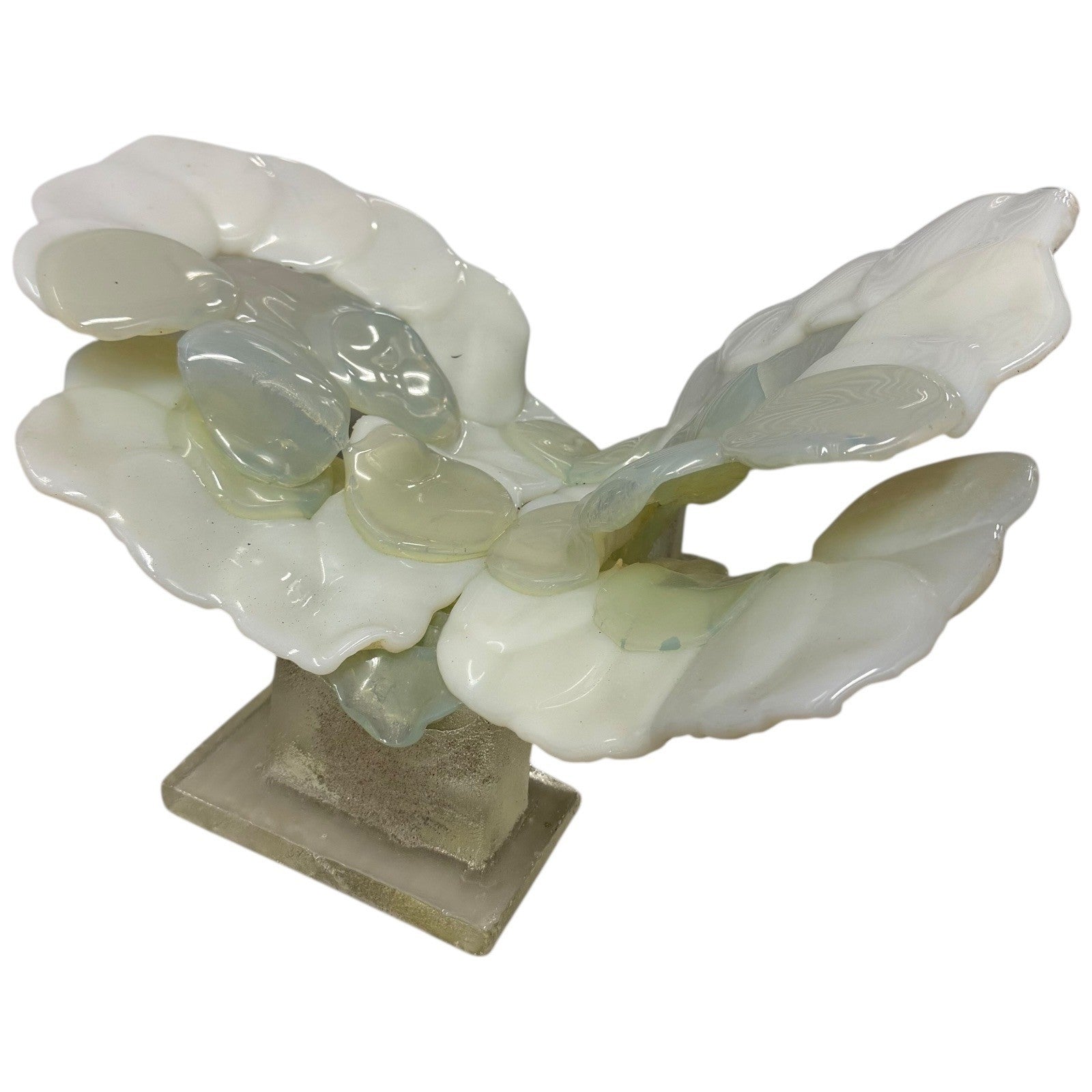Vintage Abstract Art Glass Sculpture White Opaline Green Accent Cubist Base 1970