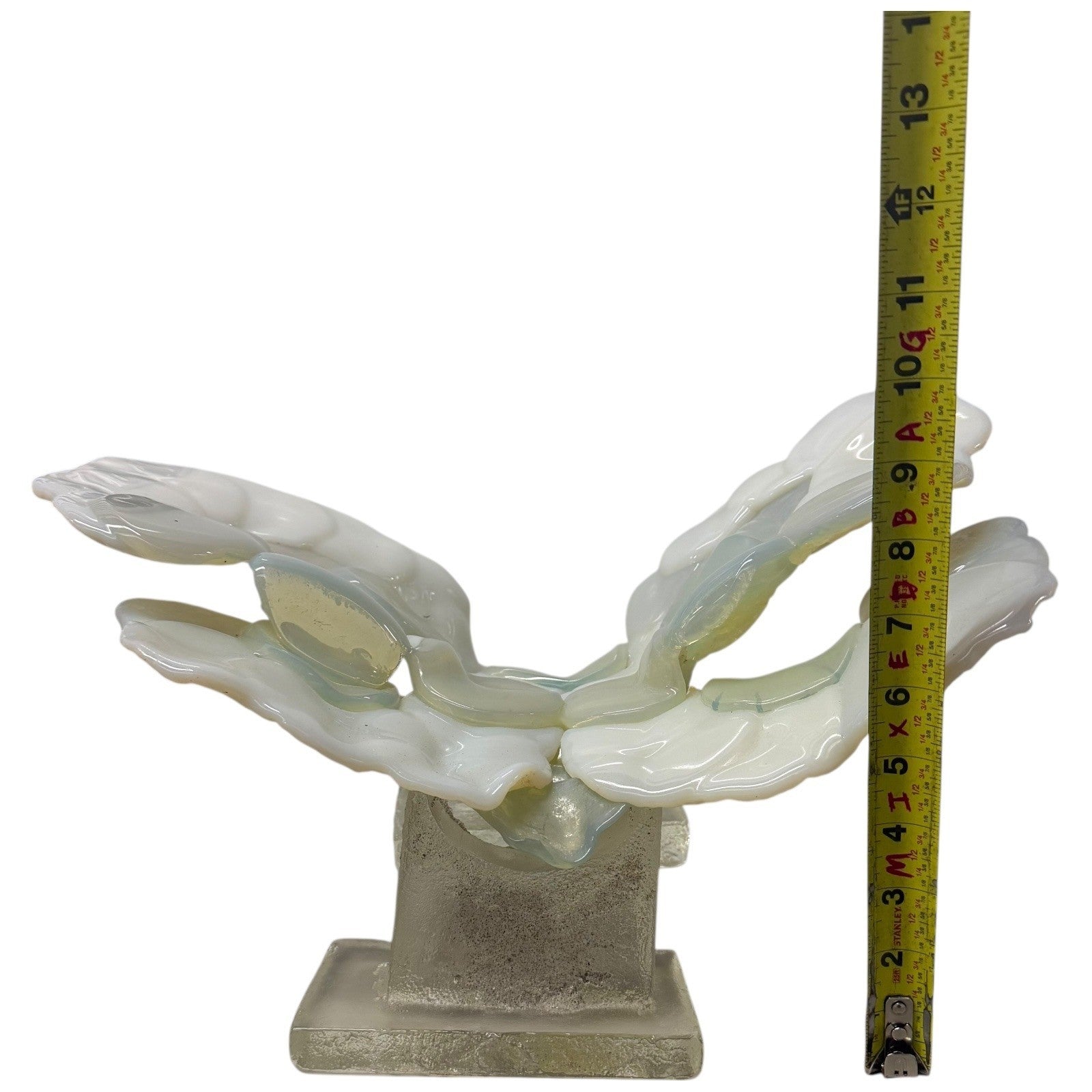 Vintage Abstract Art Glass Sculpture White Opaline Green Accent Cubist Base 1970