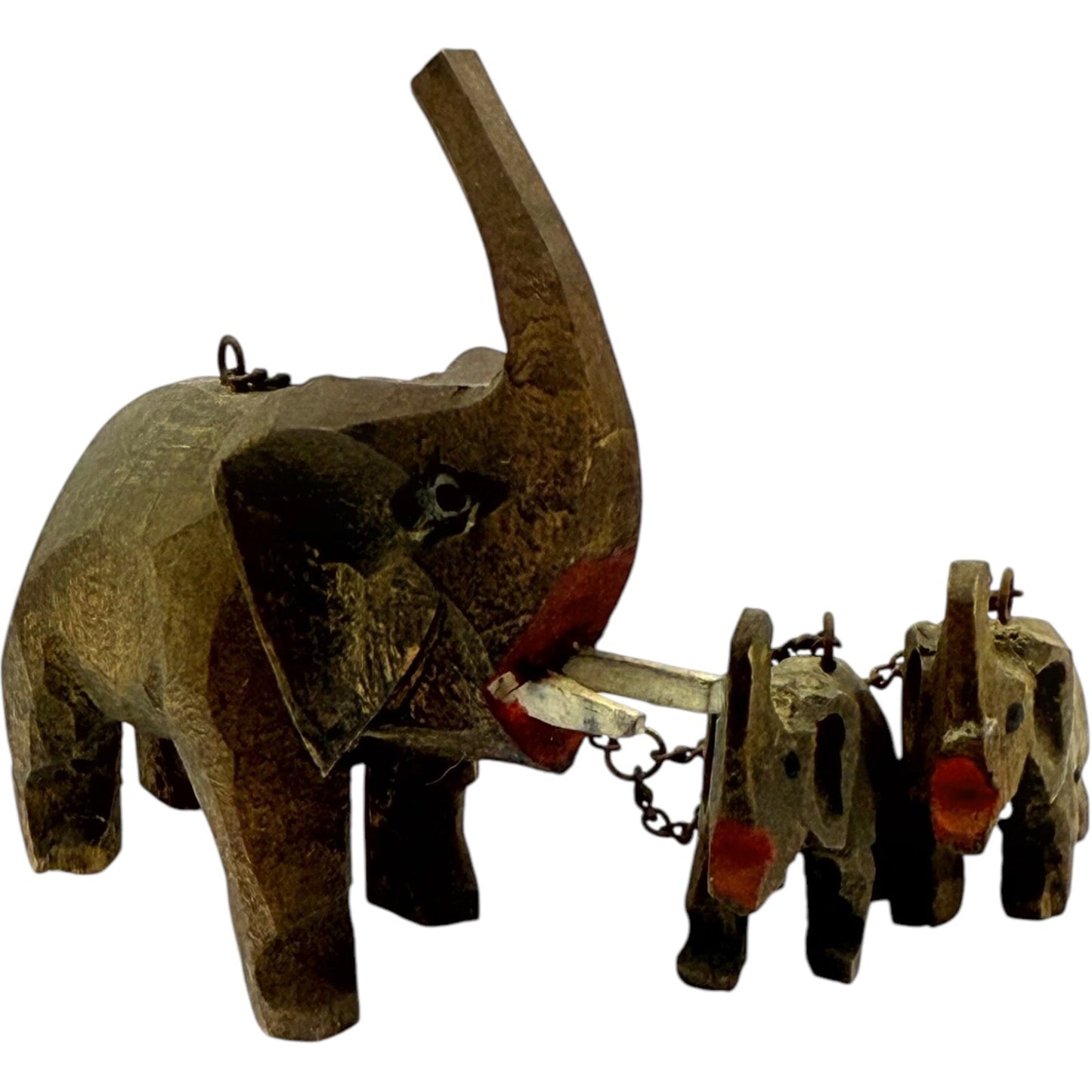 Vintage 1950s German Hand-Carved Wooden Elephant Toy Set with 2 Baby Elephants
